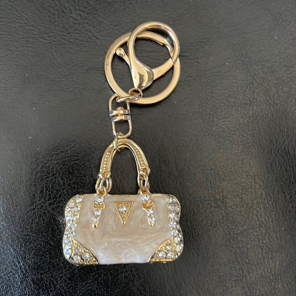 New Bedazzled Mother of pearl w crystals bag charm keychain